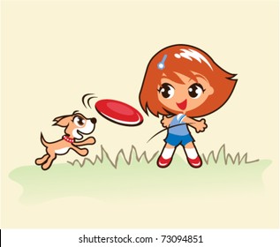 girl throwing a flying disk to her dog