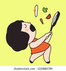 Girl Throwing A Fried Egg, Broccoli, Baby Carrot And Slice Of Tomato On A Frying Pan Into Her Mouth. Concept Of Cooking A Healthy And Variety Of Food Card Character Illustration