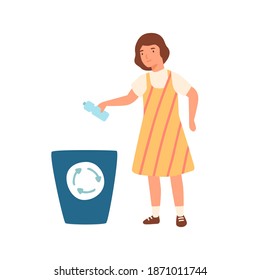 Girl throwing garbage in container. Kid dropping plastic bottle in litter bin. Flat vector cartoon illustration of well mannered child isolated on white background