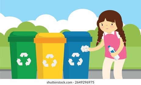 girl throwing garbage in the trash can in the park vector illustration design