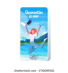 girl throwing medical masks woman celebrating victory over covid-19 coronavirus quarantine is ending concept summer vacation smartphone screen mobile app vector illustration