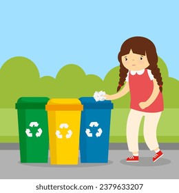 Girl throwing paper in trash can. Vector illustration in flat style.