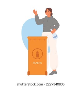 Niña lanzando desechos de plástico en recipientes de basura. Mujer clasificando basura para reciclaje y reutilización. Ordenar el concepto de estilo de vida de los desechos. Dibujo vectorial plano de dibujos animados