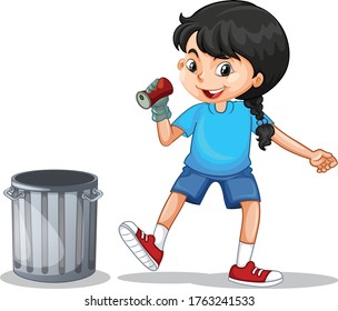 A girl throwing trash grabage bin cartoon vector art and illustration