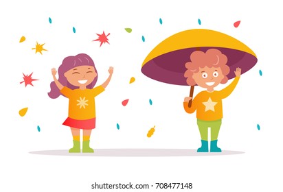 Girl throws autumn leaves, boy under umbrella , rain. Vector. Cartoon. Isolated art on white background. Flat
