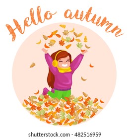Girl  throws up autumn leaves. hello autumn illustration