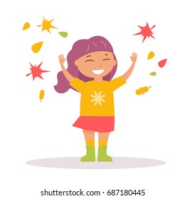 Girl throws autumn leaves up. Isolated art on white background. Vector. Cartoon. Flat