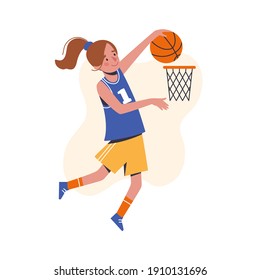 The Girl Throws A Basketball Into The Basket. Flat Design Concept With Cute Kid Playing Basketball. Vector Illustration Isolated On White Background