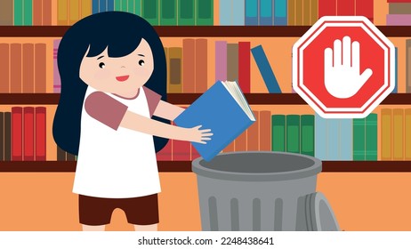 The girl throws the book into the urn, the sign is wrong