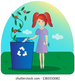 girl throws garbage in the tank