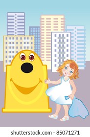 A girl throws out garbage in the container of the second processing of resources