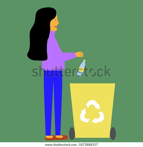 Girl throws plastic bottle in dumpster.\
Concept of garbage\
processing