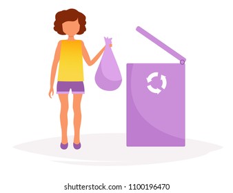 Girl throws rubbish in the dustbin Vector. Cartoon. Isolated art on white background. Flat
