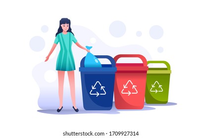 The Girl Throws A Trash Bag. Correct Behavior Of Waste Collecting Different Types Of Trash.