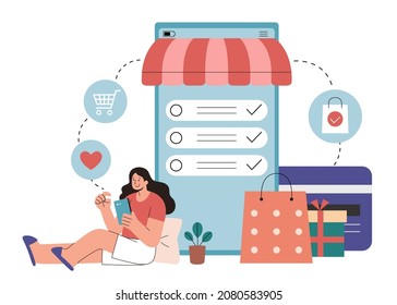 Girl Ticking Her Shopping Checklist In Flat Style Illustration. A Female Sitting By A Large Phone And Making Purchase Based On Her Shopping Lists