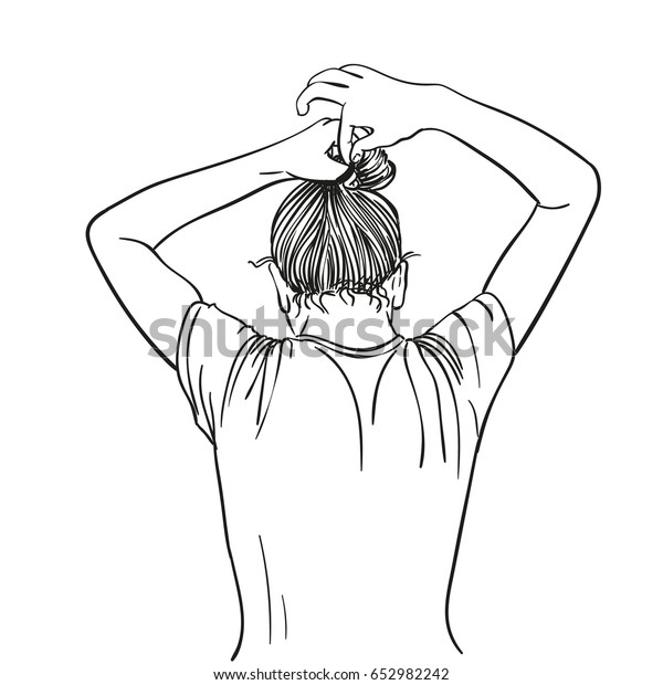 白い背景に女の子が髪をバンドで結ぶ 手描きのラインアートイラスト ベクタースケッチ のベクター画像素材 ロイヤリティフリー