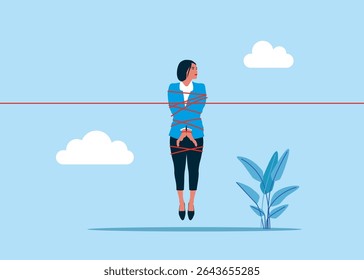 Girl tied by a rope and intricate tension. Crash in business and career. Analyze data, crash and Company Bankruptcy. Business destroyed and no income. Flat vector illustration