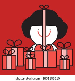 A Girl Tied With A Pink Ribbon And Black Bow While Sitting On Floor, Surrounded By Other Gift Boxes Concept Card Character illustration