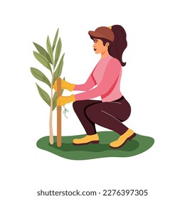 The girl ties up plants and flowers to strengthen. Caring for the soil and nature. Farmer and gardener. Vector stock illustration. isolated. Character. Spring.