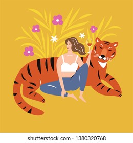 Girl and tiger, art print, vector illustration