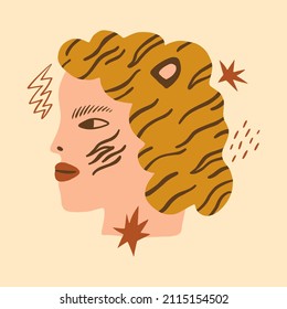 Girl tiger face groovy cute comic character boho doodle modern art print funny handdrawn childish cartoon funky trendy style vector illustration clipart
