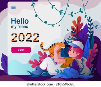 Girl with a tiger in nature. Vector design, bright juicy colors, illustration for design of banners and websites, polygraphy, book design.