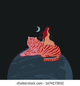 Girl and tiger are sitting on planet Earth. Cosmic minimalistic landscape scene. Isolated elements. Vector illustration