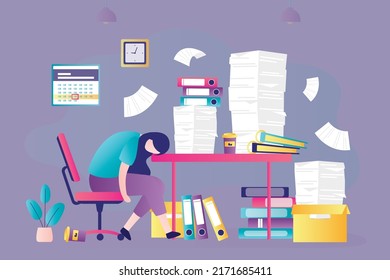 Girl tired of amount of paperwork in office. Sleepy woman lay down on workplace. Exhausted employee working overtime at night. Female character tries to finish work by deadline. Vector illustration