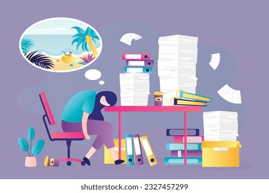 Girl tired of amount of paperwork in office. Sleepy woman lay down on workplace and dreaming about vacation and tropical beach. Exhausted employee working overtime at night. flat vector illustration