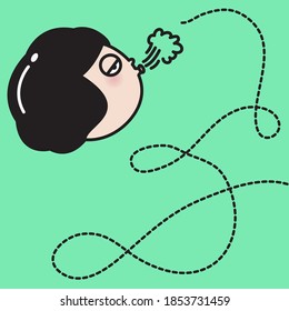 A Girl With Tired Face Deflated Her Own Balloon Shaped Head Concept Card Character illustration