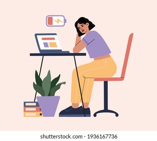 Girl tired of hard working, burnout because of work, woman at office sits by the table with laptop and procrastinating, unhappy person overworked and needs battery recharge. Modern trendy illustration