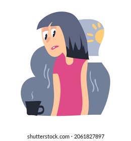 The girl is tired and sluggish in the morning. A person does not get enough sleep. Exhausted worker. Chronic fatigue. Lack of sleep. Flat illustration style