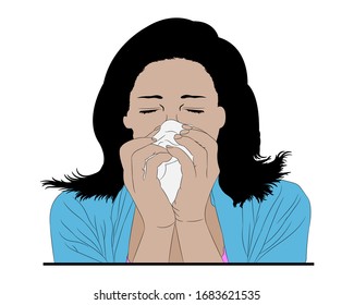 Girl with tissue paper Sneezing woman portait concept vector illustration on white background. A woman in blue dress sneezing portrait . Sick girl sneeze. Season allergy corona virus