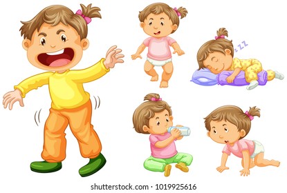 Girl toddler in different actions illustration