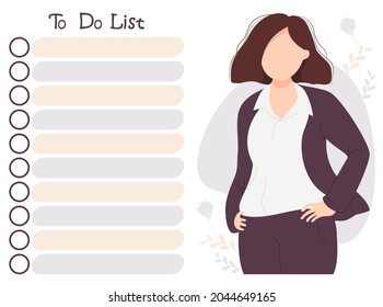 Girl and to-do list. Businesswoman in a business suit looks at the to-do list. Vector. Note paper, day planning, time management, organizer, planner. Illustration for print, design, decor.