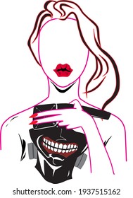 Girl with Tokyo Ghoul Mask Vector Graphic Illustration. Girl with flashy lips and carrying mask as the main object tell sarcasm about women image