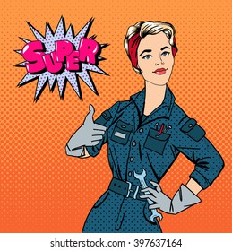 Girl with Tools. Woman Repairer Gesturing Great. Pop Art Banner. Vector illustration