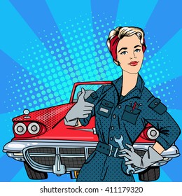 Girl with Tools. Working Woman Gesturing Great. Vintage American Car. Pop Art Banner. Vector illustration