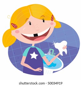 Girl with tooth in the bathroom. Vector Illustration of small blonde girl with her tooth.