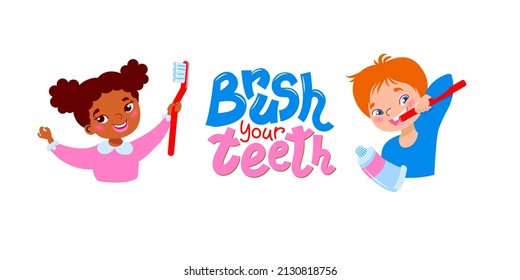 Una chica con cepillo de dientes y pasta y un niño se cepilla los dientes. Letrado - cepíllate los dientes, ilustración vectorial.
Diseño de afiches para el concepto de salud dental e higiene bucal.