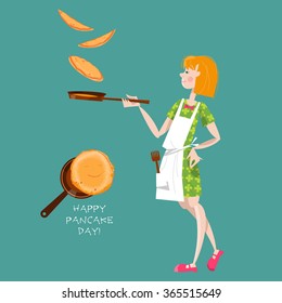 Girl Tosses Pancakes On A Frying Pan. Happy Pancake Day! Vector Illustration