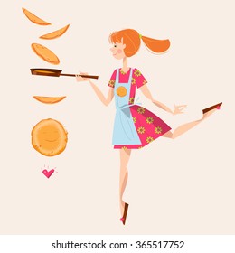 Girl tosses pancakes on a frying pan. Happy Pancake Day! Vector illustration