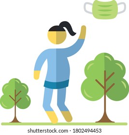 Girl tossing up the face mask, Reopen publice Places after Coronavirus lockdown Vector Icon Design, New Normal Symbol on White background,