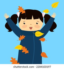 girl tossing leaves on a blue background