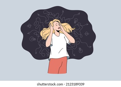 The girl touches her head, she is surrounded by thoughts. Mental disorder and chaos in consciousness.