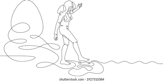 A girl touches the water with her foot against the background of the sea shore and coastal rocks. Tries the water with her foot. One continuous drawing line  logo single hand drawn art doodle