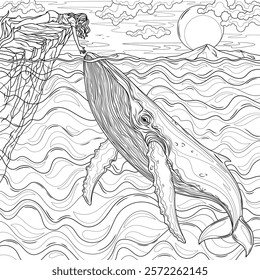 A girl touches a whale in the ocean.Coloring book antistress for children and adults. Illustration isolated on white background.Zen-tangle style. Hand draw