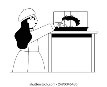 Girl touching a hedgehog that is in a cage, kid and pet vector illustration.