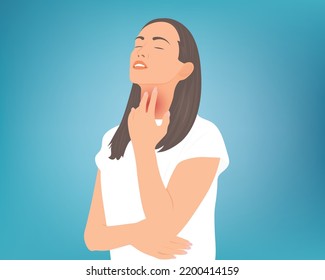 chica tocando el cuello con la mano. Tiene dolor de garganta debido a la gripe. Ilustración vectorial del concepto de atención de la salud.