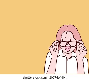 A girl is touching his glasses, she looking up and amazed something. Hand drawn in thin line style, vector illustrations.